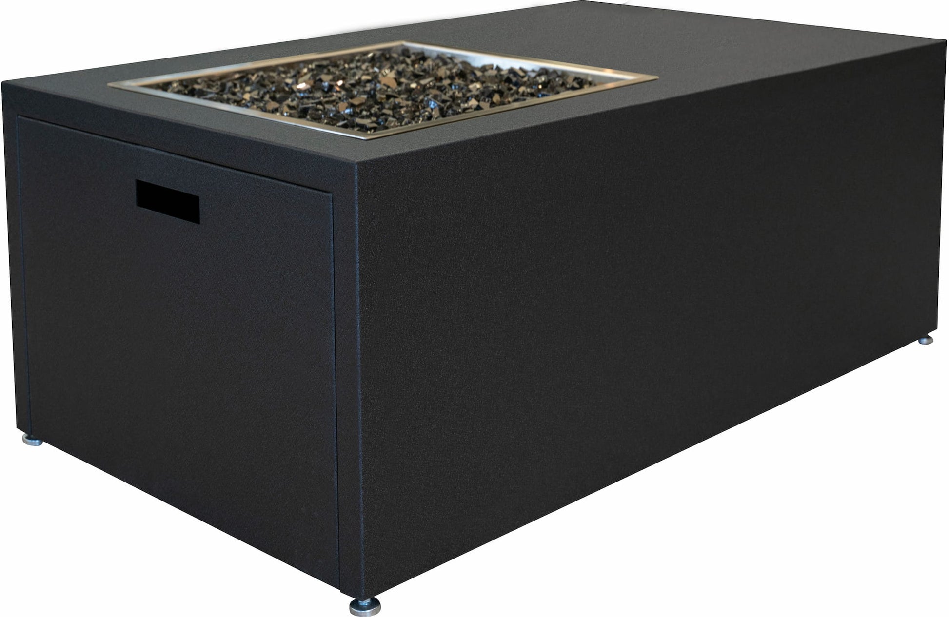 Modern Milan Propane Fire Table - Offset in Endura Graphite aluminum finish on white background.