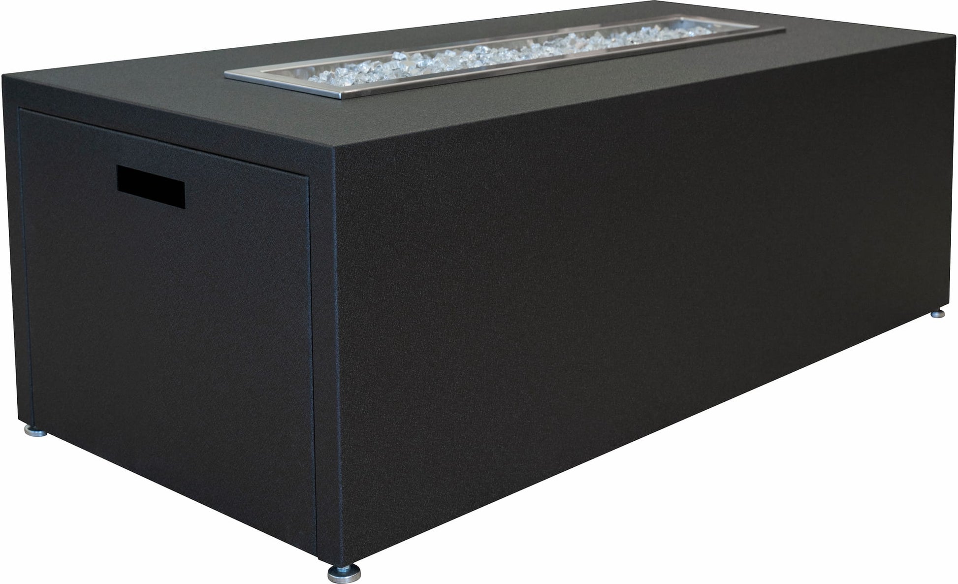 Milan Linear propane fire table in Endura Graphite aluminum with modern design and clean lines.  Made in USA.