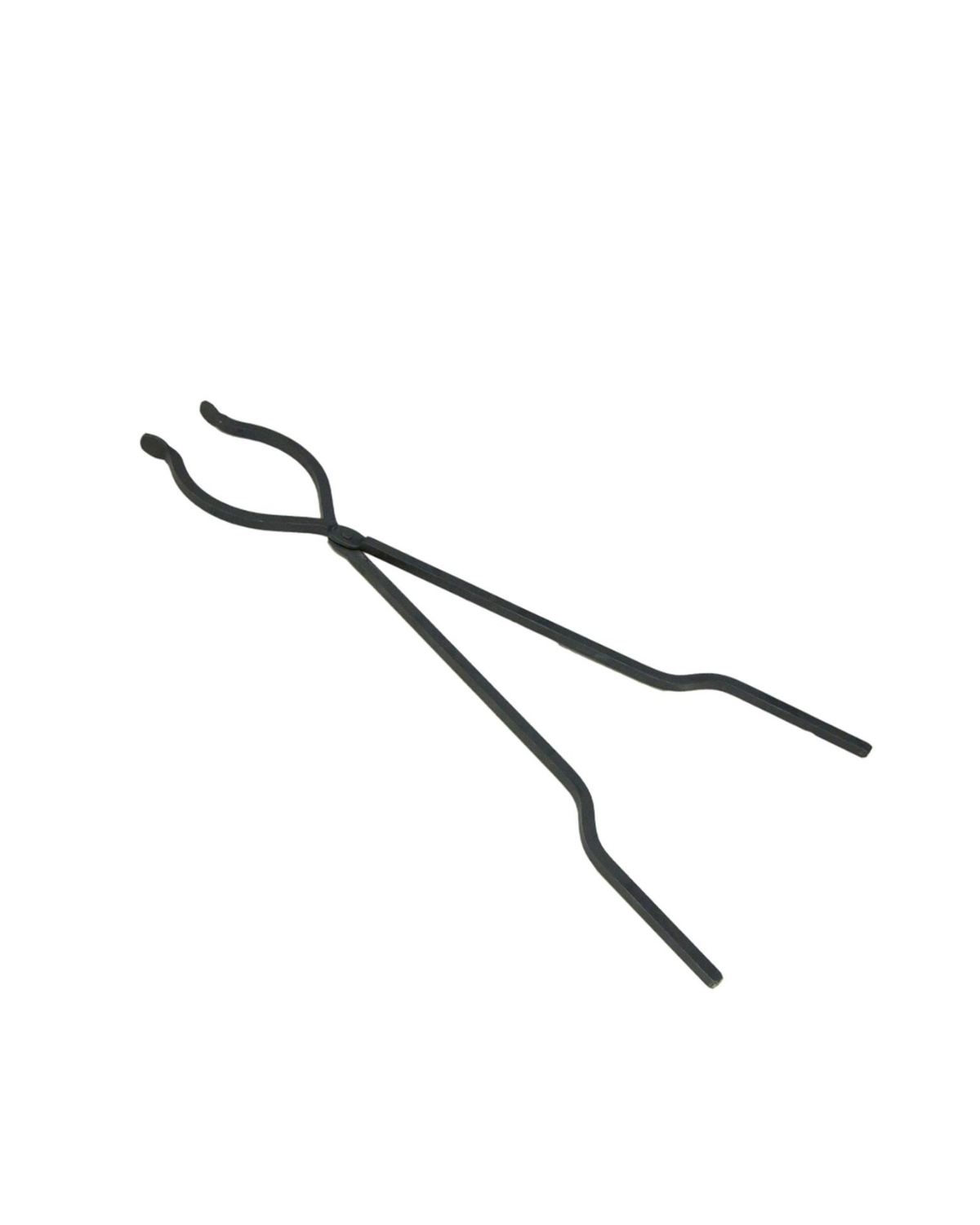 30-inch hand-forged steel campfire tongs with heat-resistant black finish, crafted in the USA by a local blacksmith.