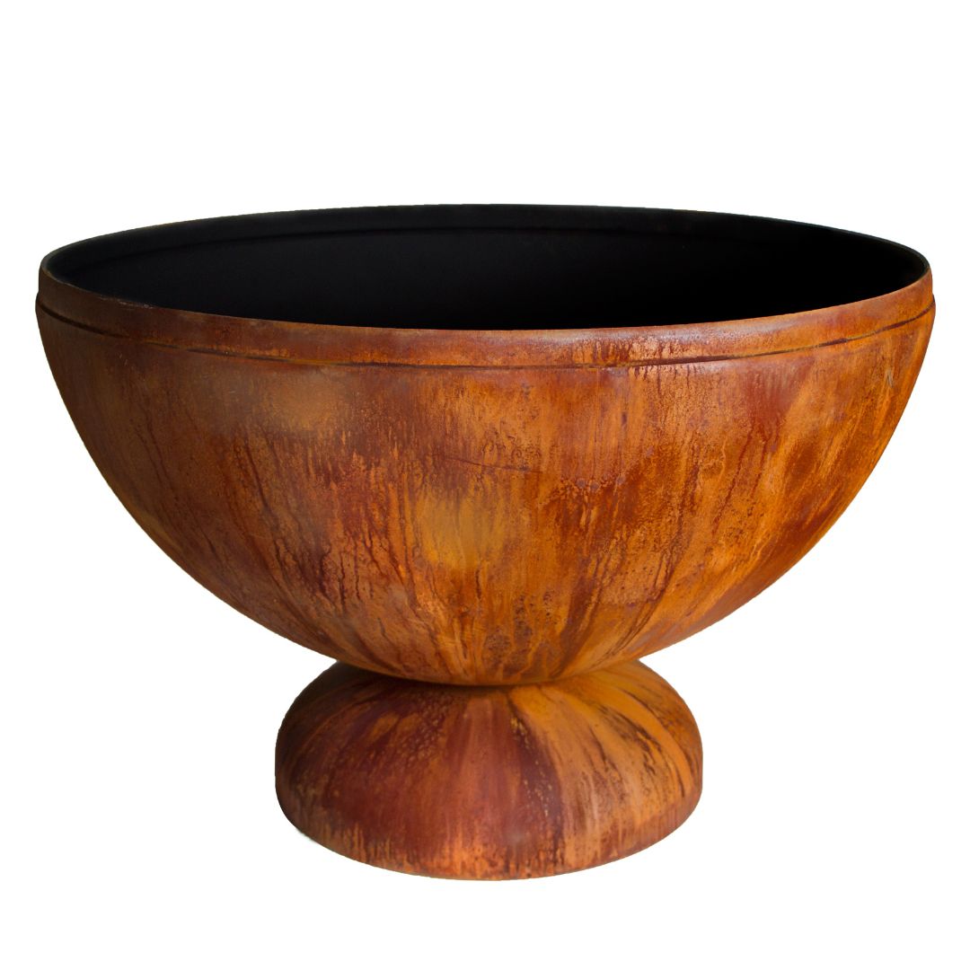 Rust-colored steel wood burning fire bowl with round pedestal base from Ohio Flame’s Artisan Chalice series.