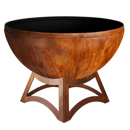 Rust patina steel fire bowl with geometric hollow base from Ohio Flame’s Artisan Chalice series.