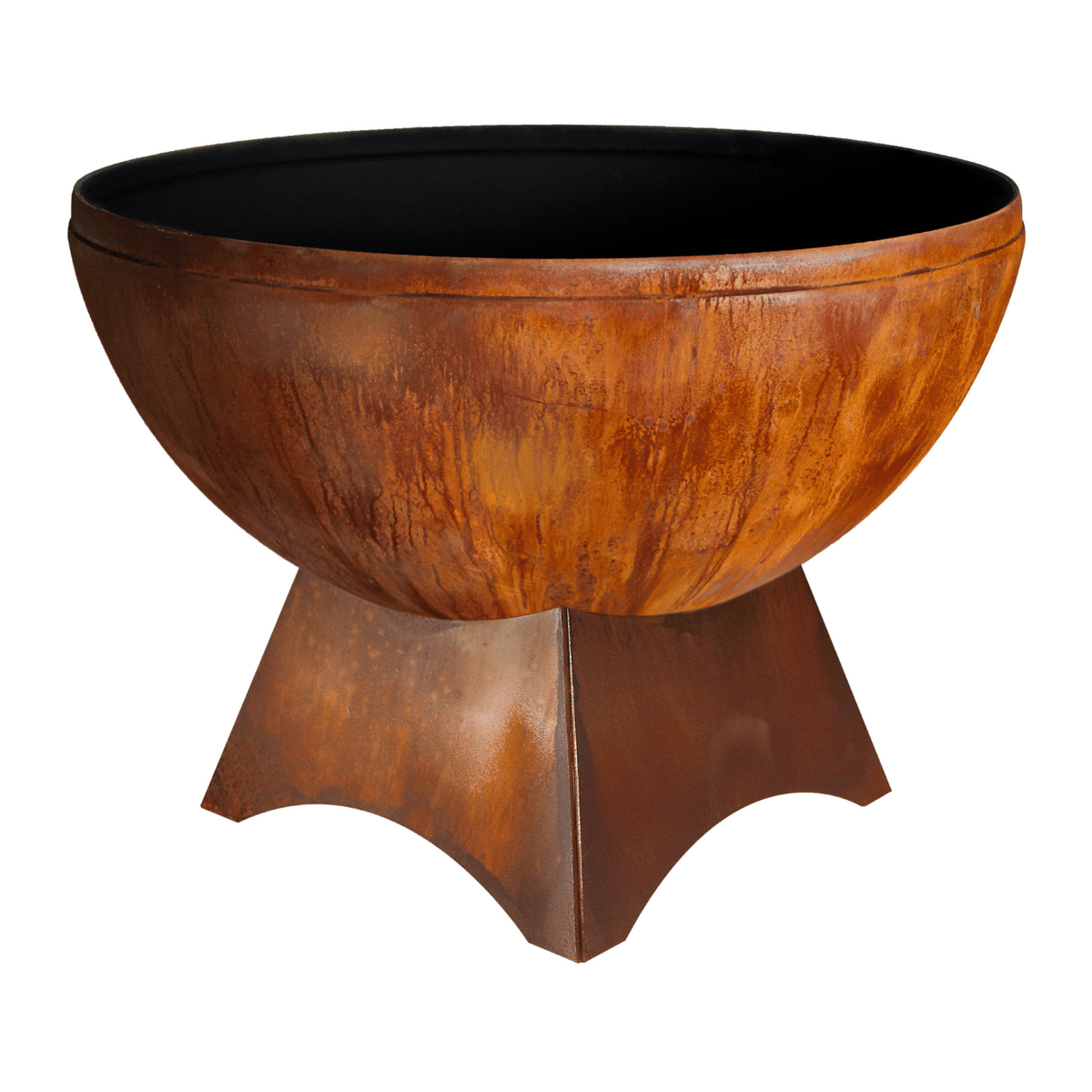 Rust-colored wood burning steel fire bowl with wide, flared standard base from Ohio Flame’s Artisan Chalice series.