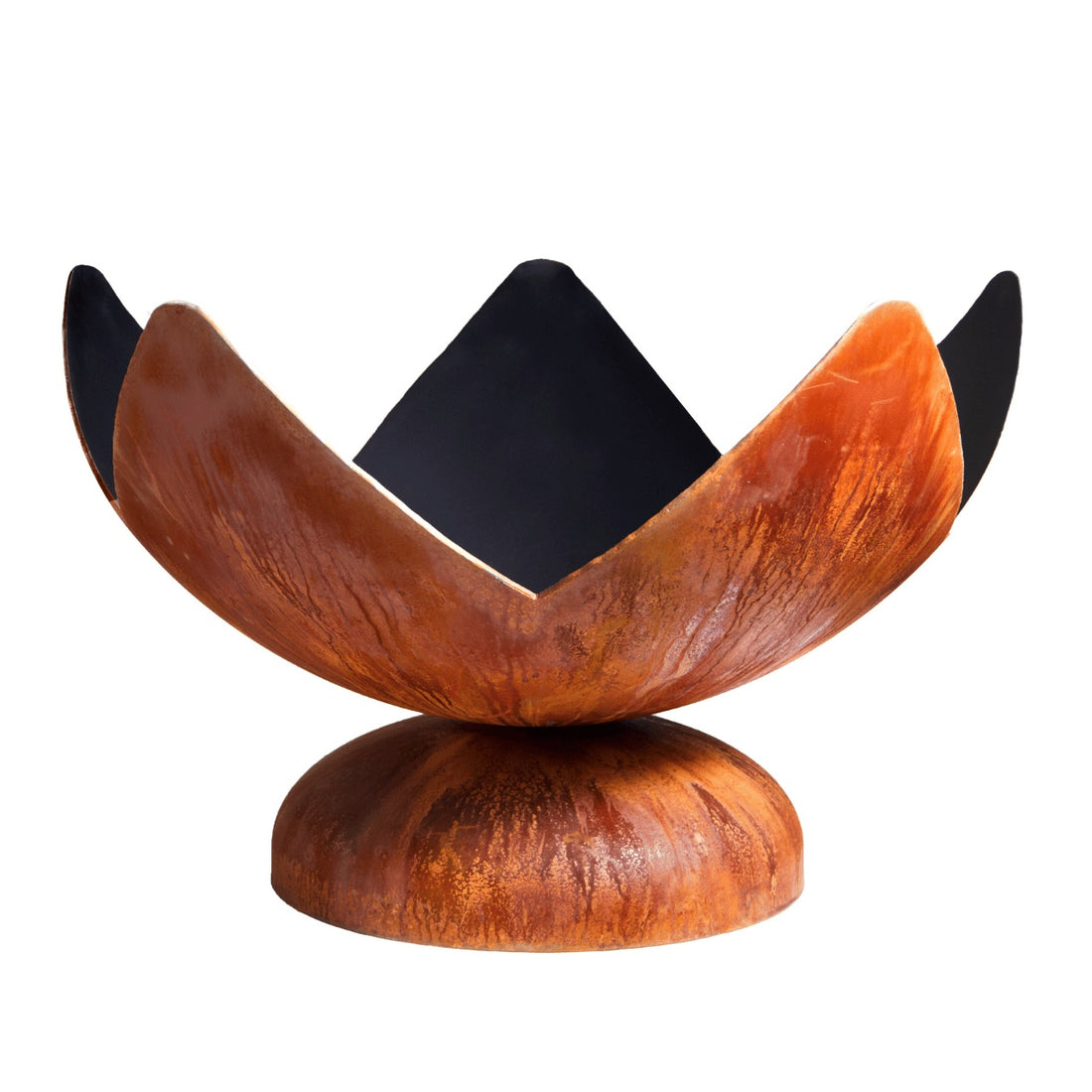 Rust-colored Fire Flower wood burning fire bowl with petal-like steel edges and rounded base.