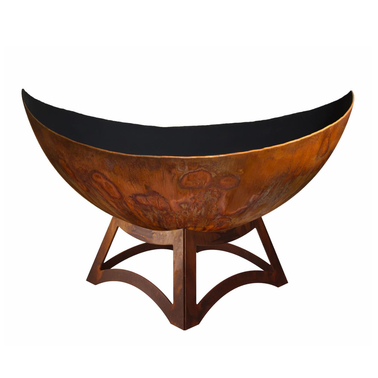 Lunar Artisan Wood Burning Fire Bowl by Ohio Flame on hollow steel base with natural rust patina and moon-inspired design.