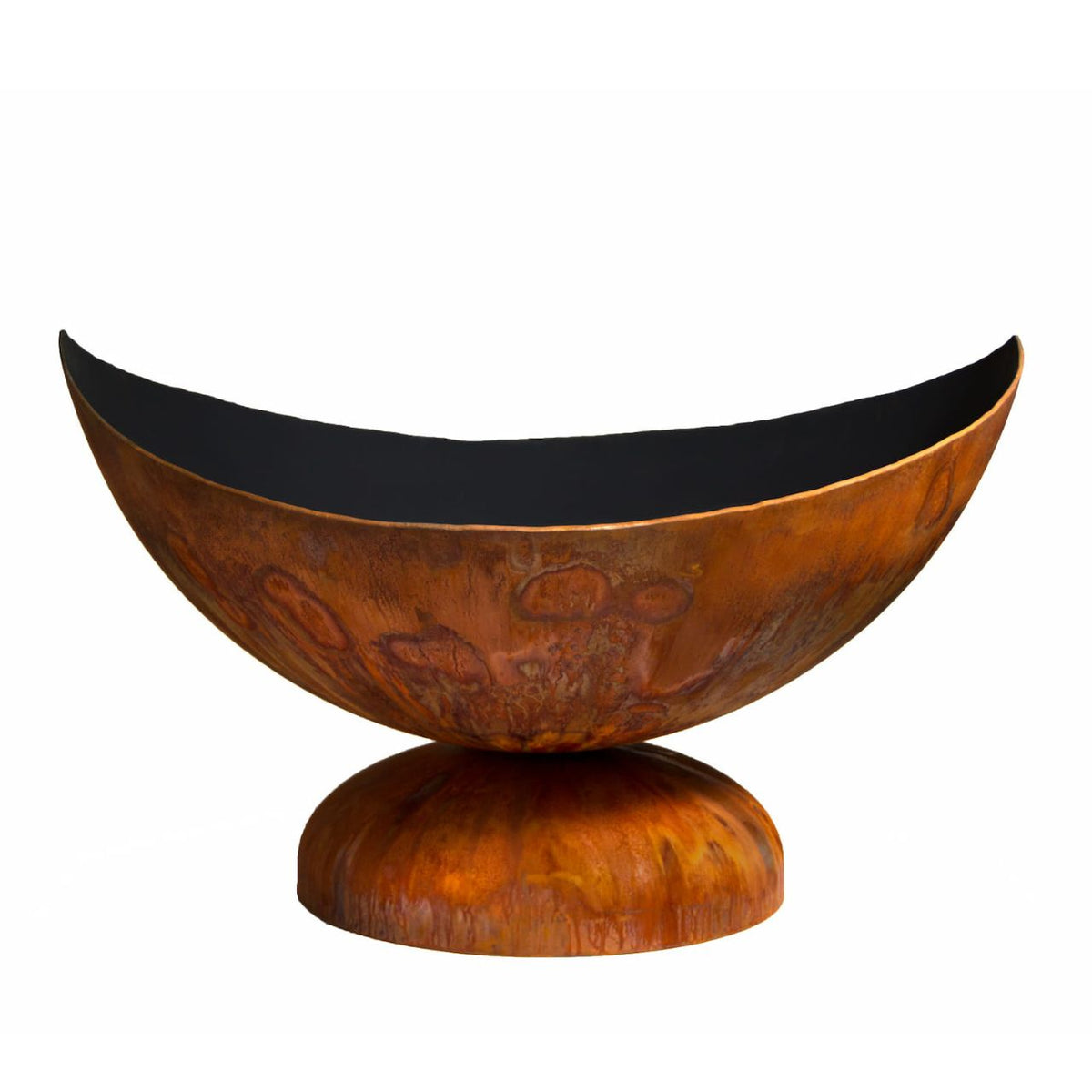 Side view of Ohio Flame’s Lunar Artisan Wood Burning Fire Bowl showing sculpted iron oxide patina and deep curved bowl.