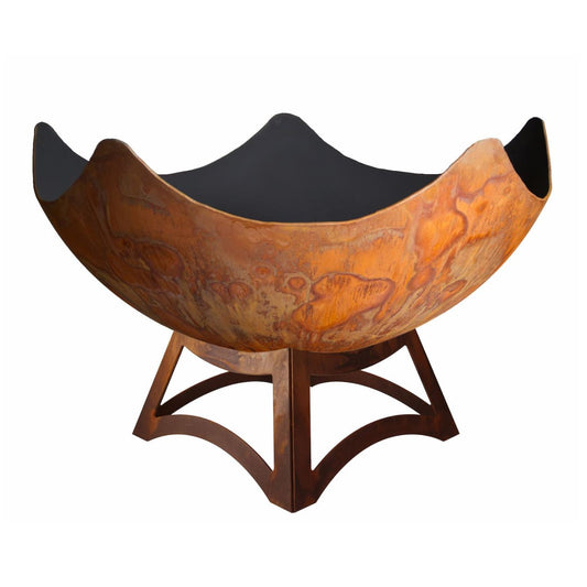 Stellar Artisan Wood Burning Fire Bowl with hollow steel base and cosmic-inspired edge, handcrafted in carbon steel by Ohio Flame.
