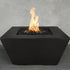 Redan GFRC Concrete black fire pit with flames on a gray concrete background