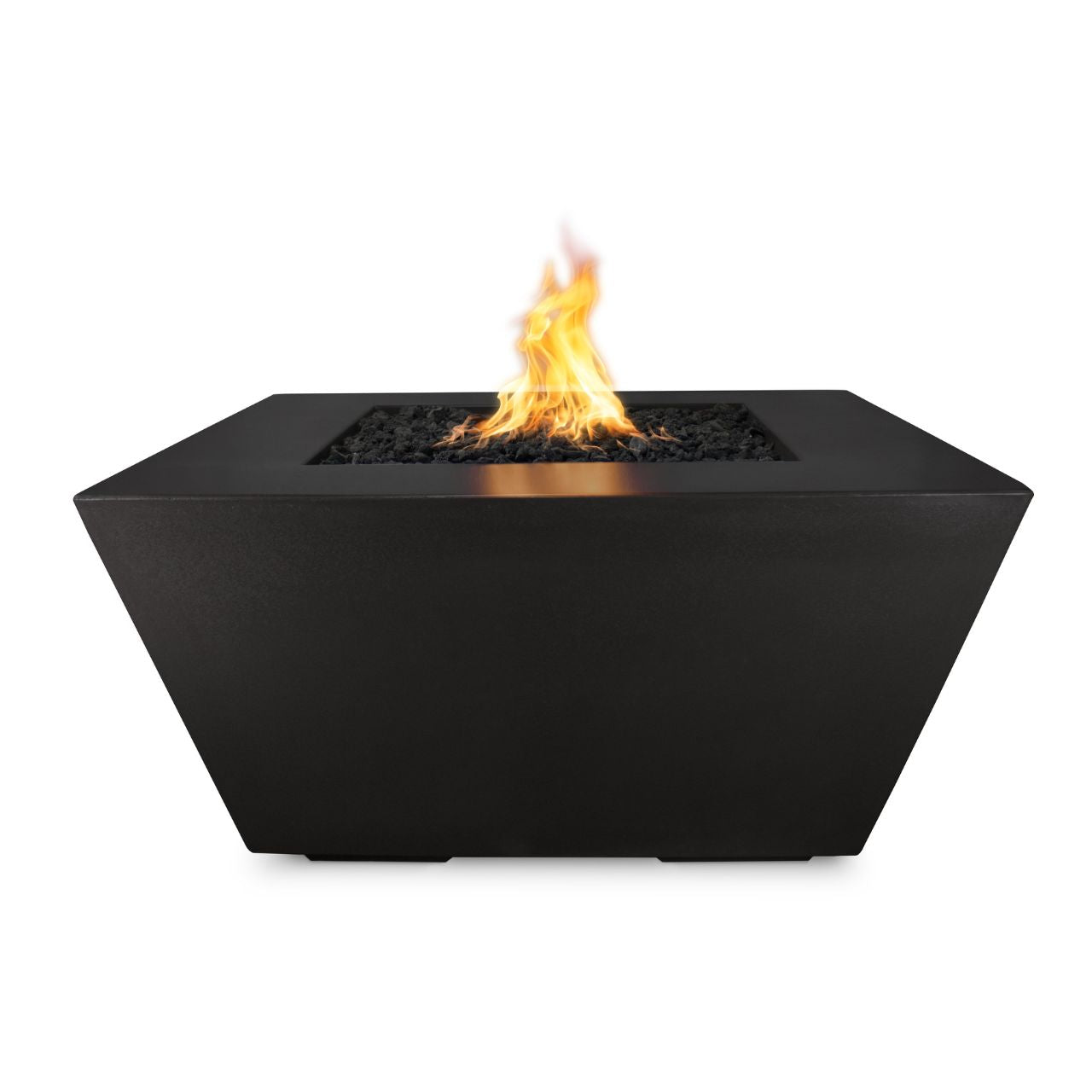 Redan GFRC Concrete black fire pit with flames on a white background.