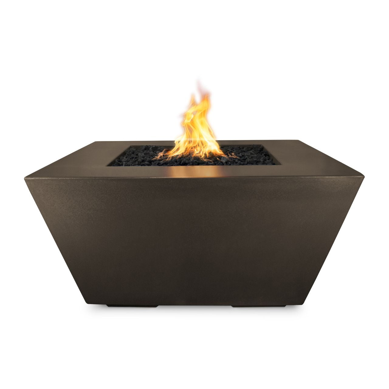 Modern Redan GFRC Concrete fire pit in Chocolate with flames on a white background.