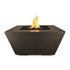 Modern Redan GFRC Concrete fire pit in Chocolate with flames on a white background.