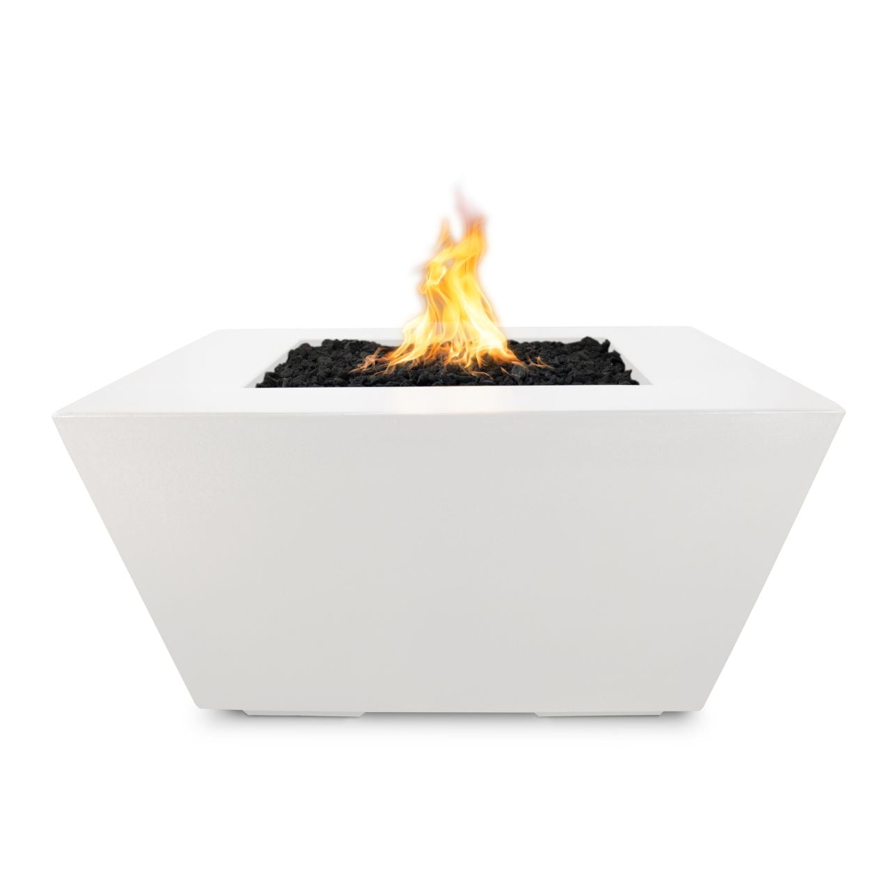 Redan GFRC Concrete fire pit in Limestone with flames on a white background.