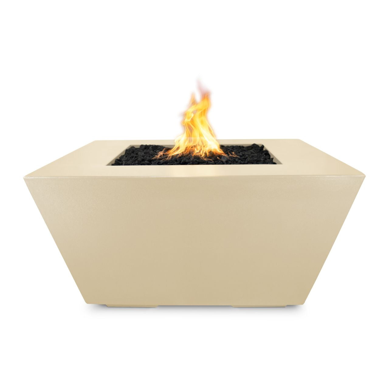 Redan GFRC Concrete fire pit in Vanilla with flames on a white background.