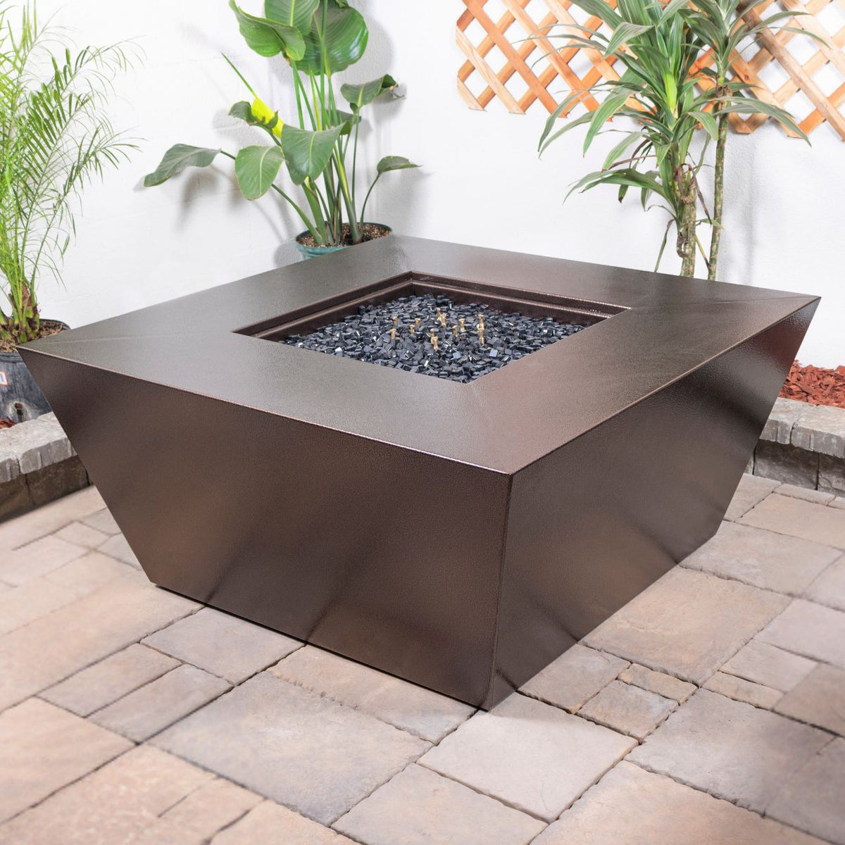 Redan Square Metal Fire Pit in Copper Vein powder coat finish — outdoor patio view.