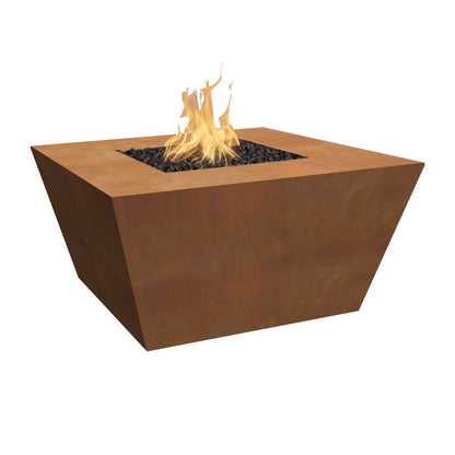 Redan Square Metal Fire Pit in raw Corten Steel — angled view with flame.