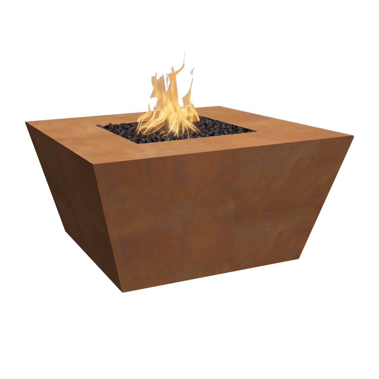 Redan Square Metal Fire Pit in raw Corten Steel — angled view with flame.