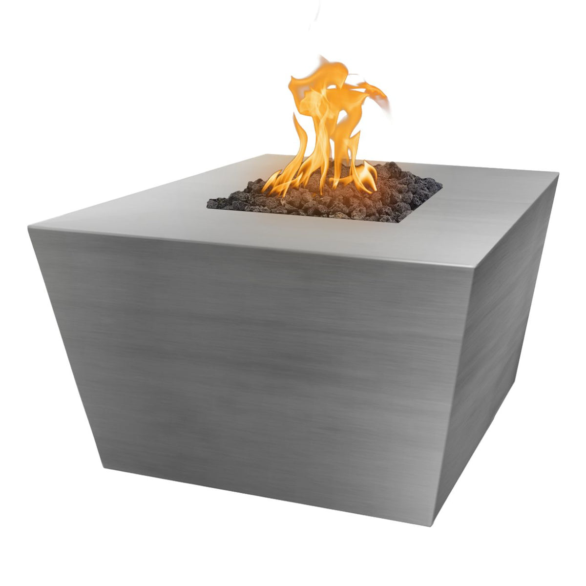 Redan Square Metal Fire Pit in brushed Stainless Steel — angled view with flame.