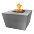 Redan Square Metal Fire Pit in brushed Stainless Steel — angled view with flame.