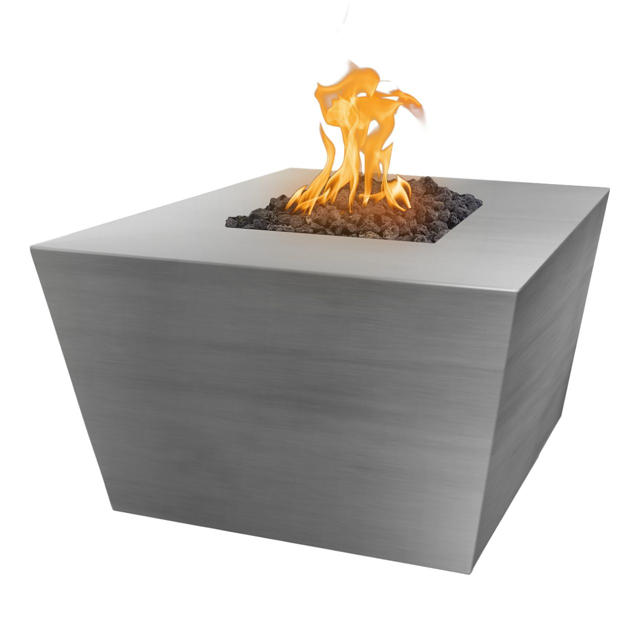 Redan Square Metal Fire Pit in brushed Stainless Steel — angled view with flame.