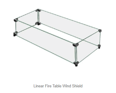 Clear rectangular fire table wind shield on white background.  Fits Milan Linear and Carolina Evening Companion Linear fire tables.