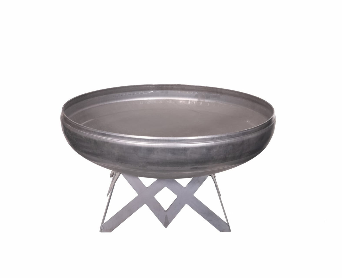 The Liberty fire pit – side angle of angular base and natural steel fire bowl.