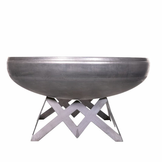 The Liberty carbon steel fire pit with angular base, natural steel finish, side profile.