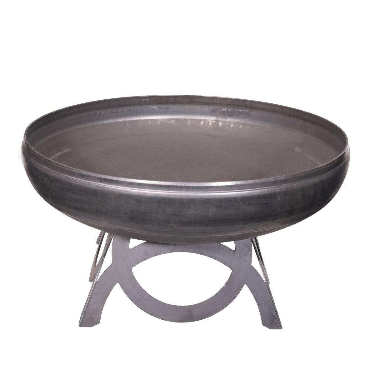 The Liberty fire pit – side angle of curved base and natural steel fire bowl.
