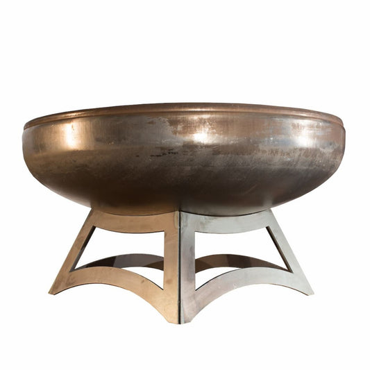 The Liberty wood burning carbon steel fire pit with hollow base, natural steel finish, side profile.