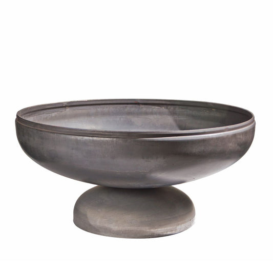 The Patriot fire pit with natural steel finish on round pedestal base.