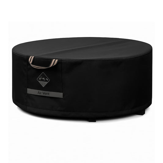 Close-up of handle and air vent on Wine Barrel Fire Pit Cover on white background.